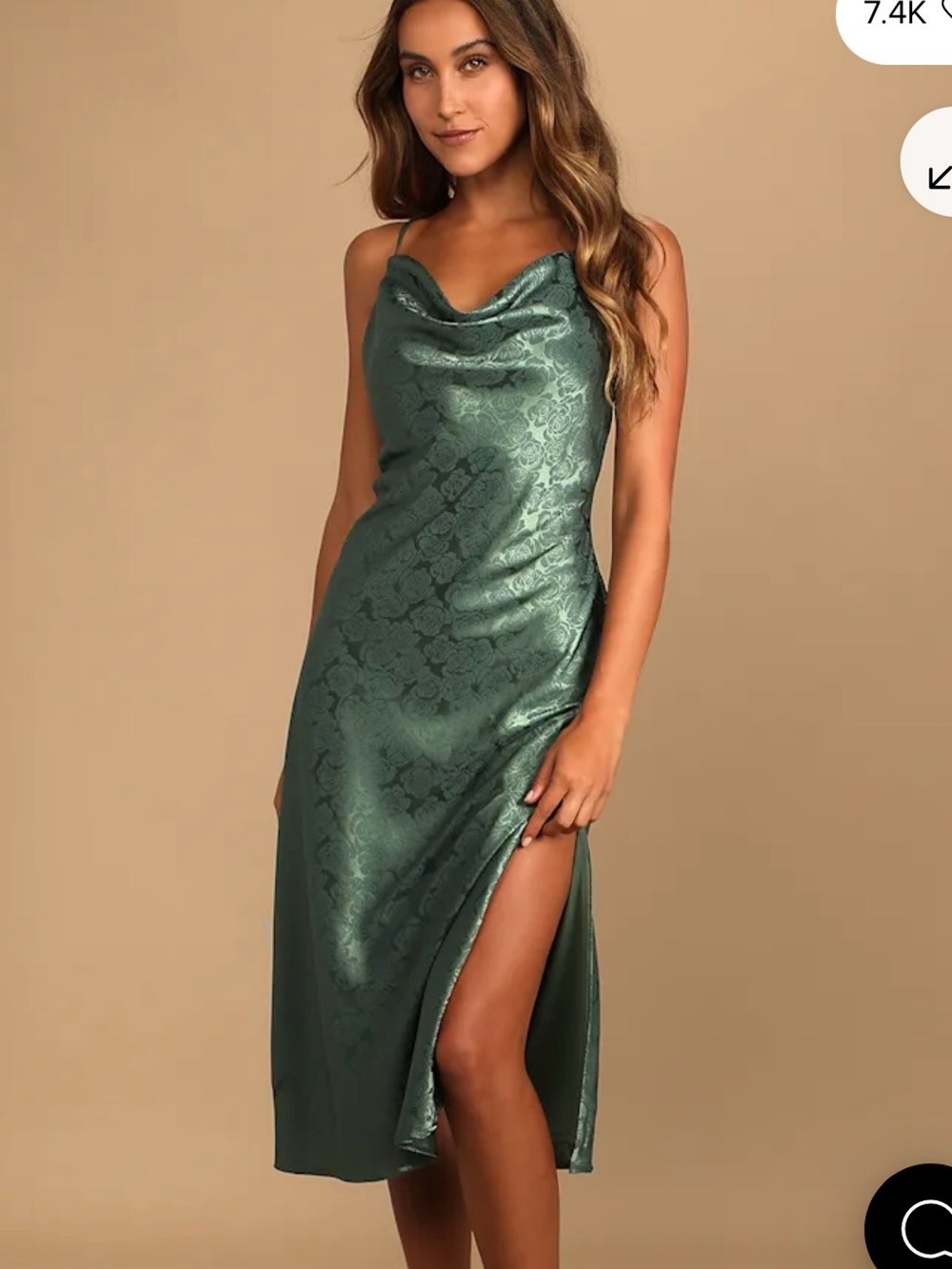 Lulu's Emerald Satin Cowl Neck Slip Dress with Side Slit